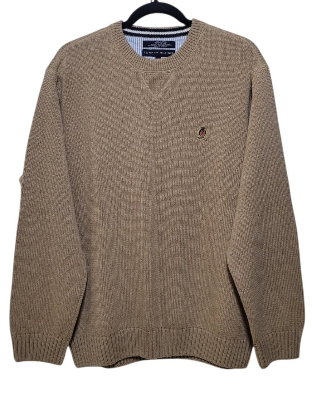 Tommy Hilfiger Vintage Knit Crewneck Sweater Beige Tan Crest Logo Men Large